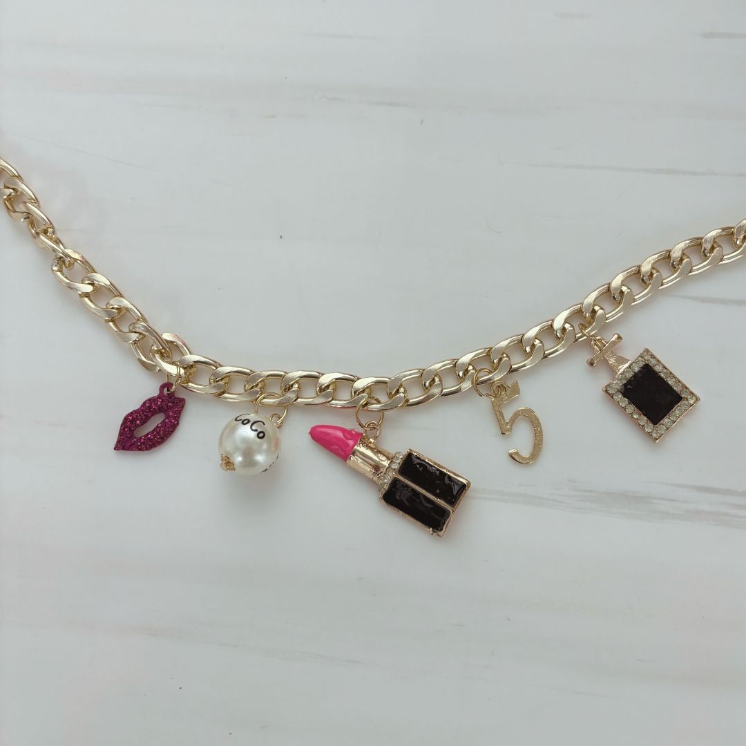 Chunky Coco Charm Necklace | Gold Chain with Lipstick, No. 5 & Coco Chanel Charms