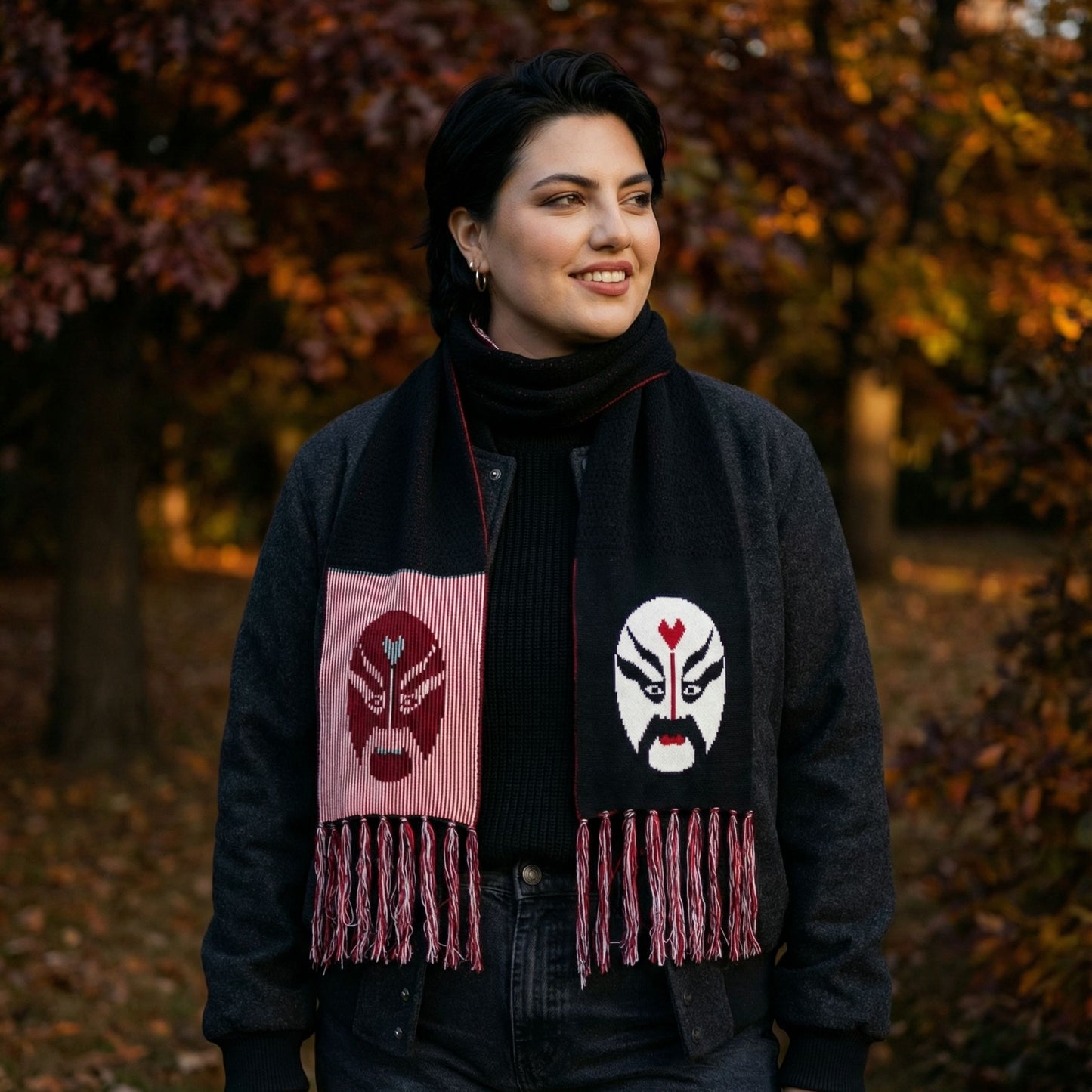 Samurai Warrior Acrylic Scarf | Reversible Fringe Scarf 11”x68”