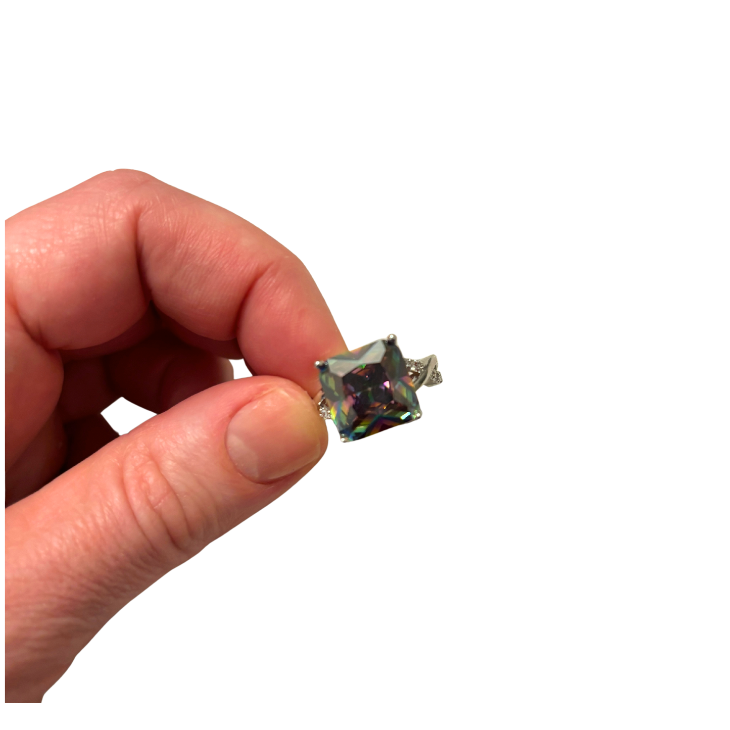 Rainbow Facets Silver Bling Ring | Bold Square-Cut Glass Stone | Blue Green Purple | Sizes 6–8