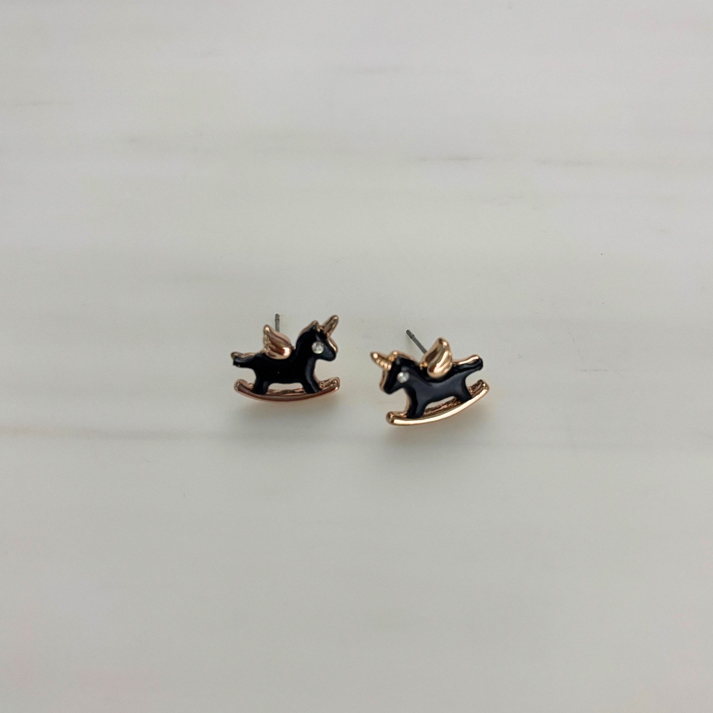 Rocking Unicorn Stud Earrings | Black & Gold | 0.6"