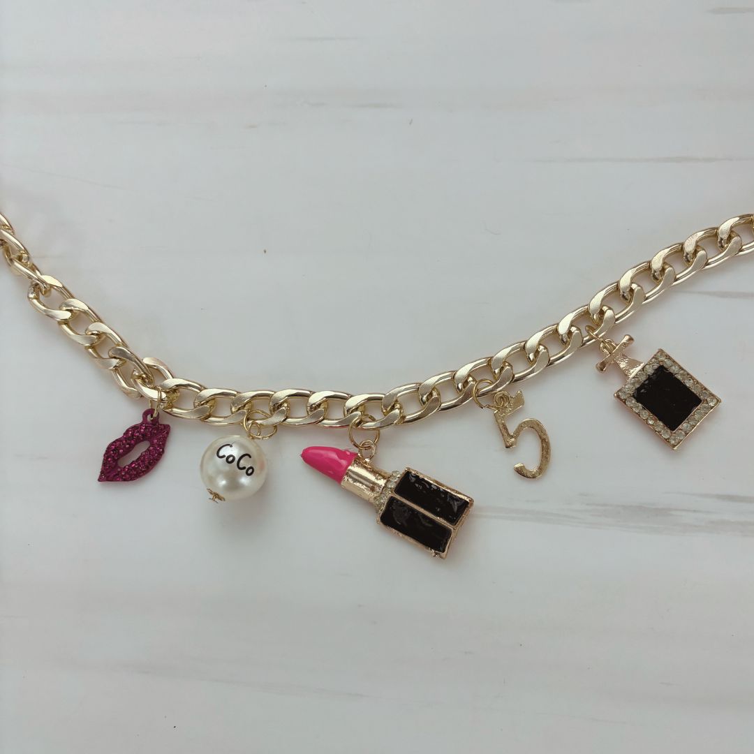 Chunky Coco Charm Necklace | Gold Chain with Lipstick, No. 5 & Coco Chanel Charms