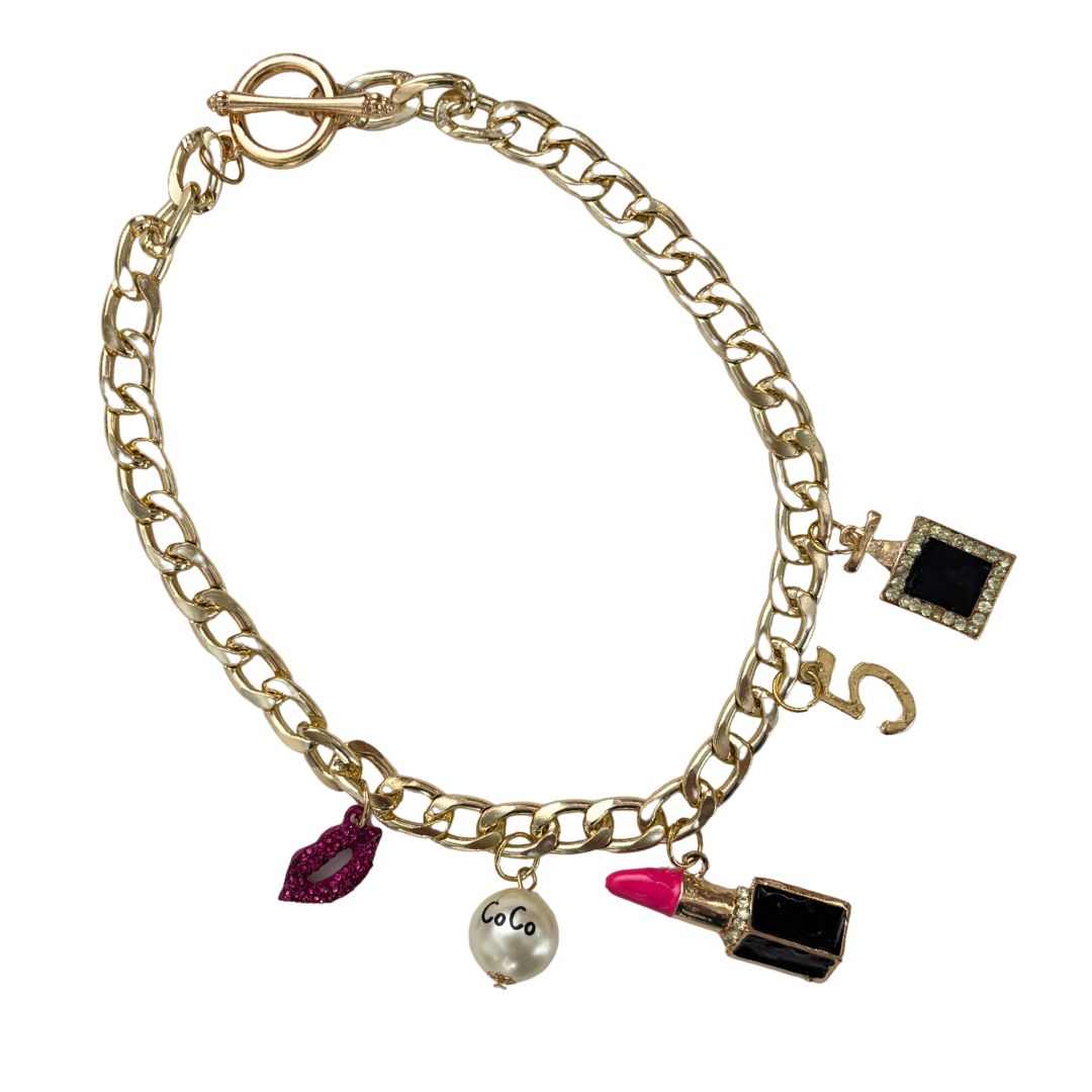 Chunky Coco Charm Necklace | Gold Chain with Lipstick, No. 5 & Coco Chanel Charms