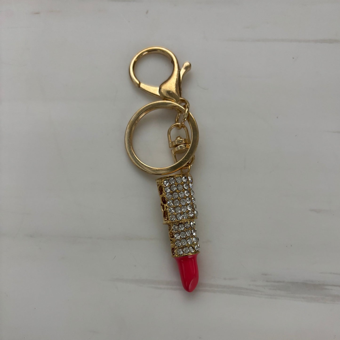 Bejeweled Lipstick Keychain & Bag Charm | Cute Pink & Gold Mini Charm