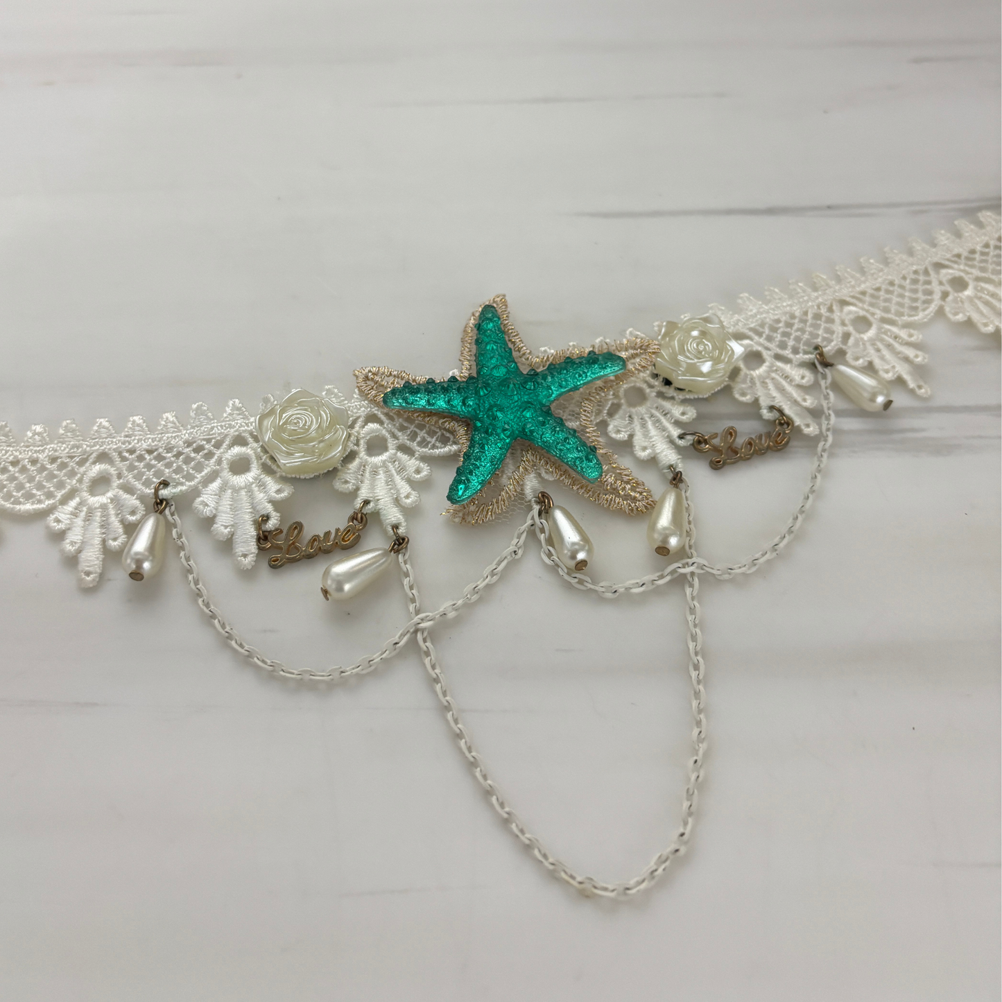 Sea Star Mermaid Appliqué Choker | White Lace with Pearl, Rose & Teal Sea Star