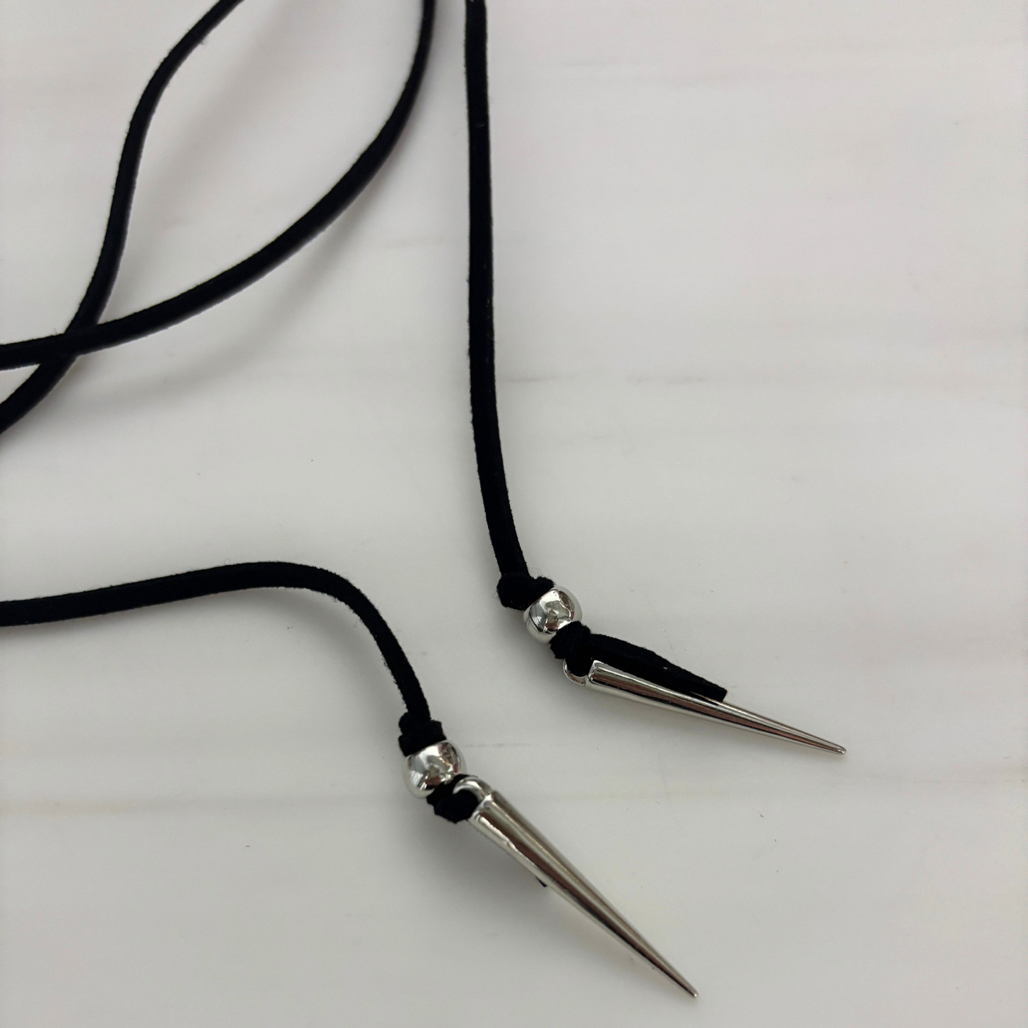 Stabby Cord Wrap Necklace | Black Faux Leather Multi-Wrap with Silver Spike Pendants | 56"