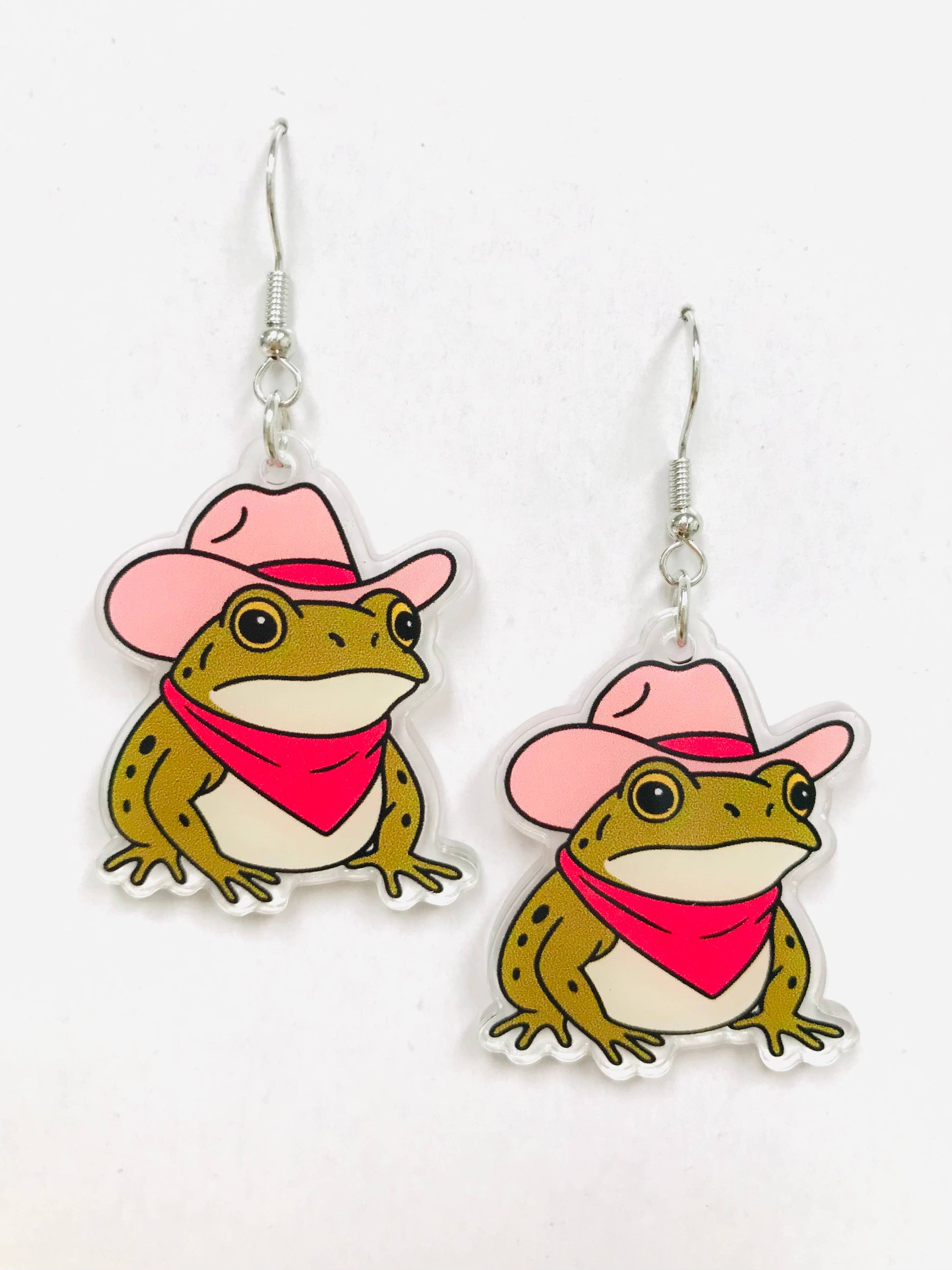 Cowboy frog earrings with pink hat and pink scarf