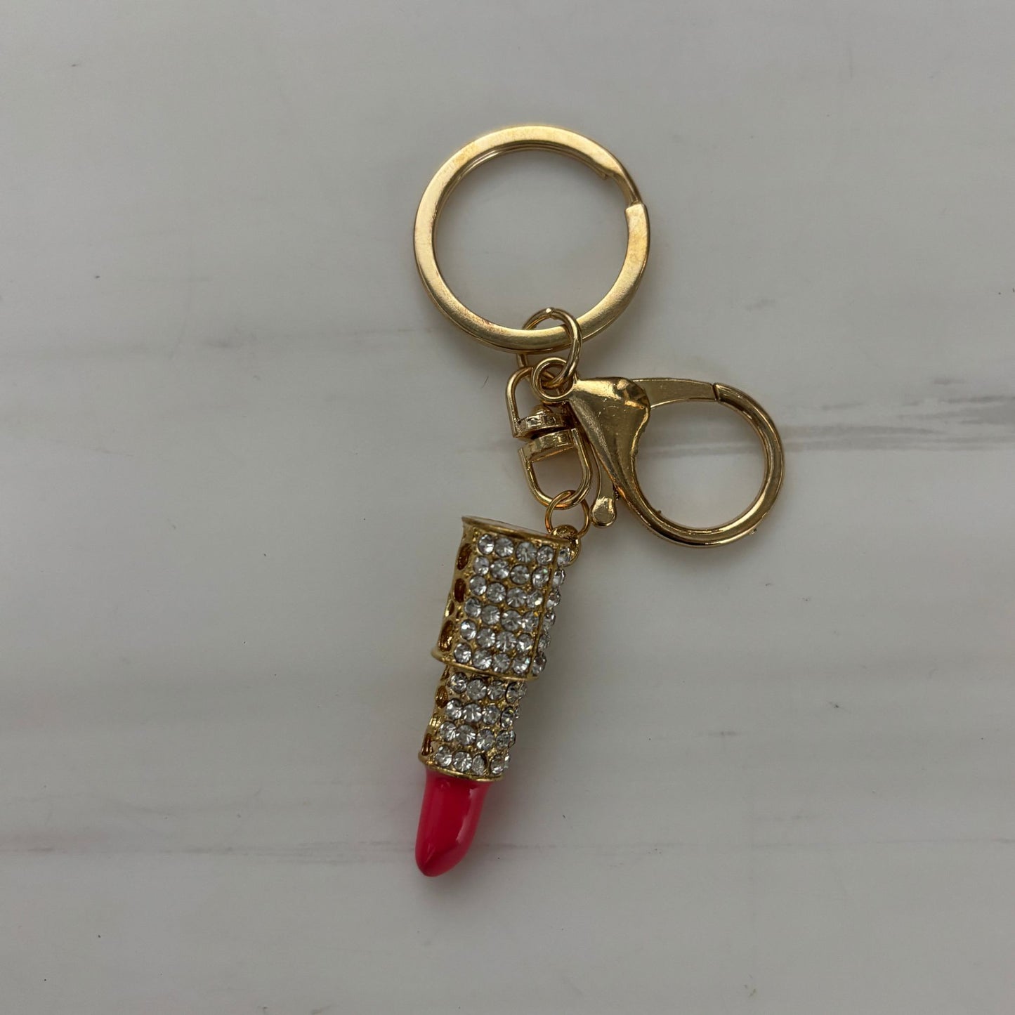 Bejeweled Lipstick Keychain & Bag Charm | Cute Pink & Gold Mini Charm