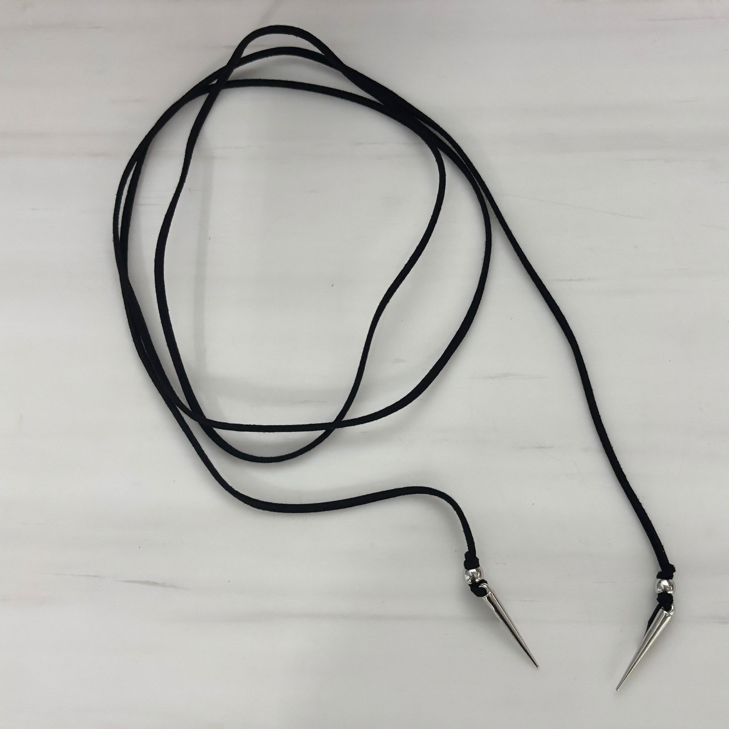 Stabby Cord Wrap Necklace | Black Faux Leather Multi-Wrap with Silver Spike Pendants | 56"