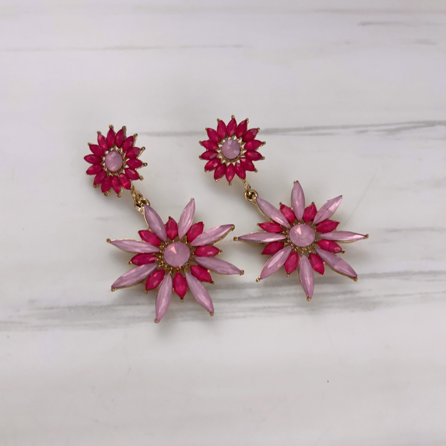 Pink Flowerburst Statement Earrings | Art Deco Gem Earrings in Hot Pink & Ballet Pink