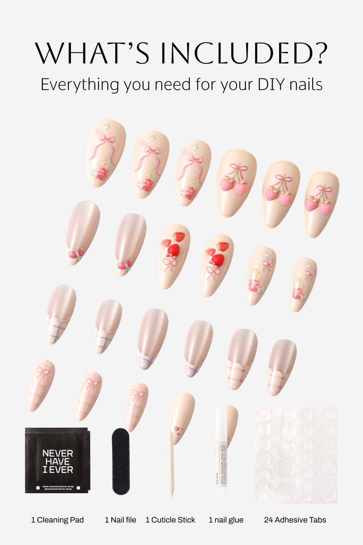 Floral Femme Almond Press-On Nails | Strawberry and Heart Motif