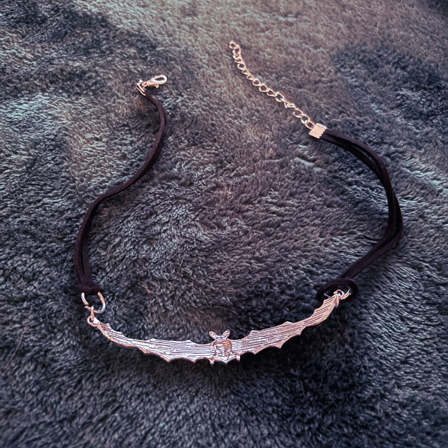 Gothic Bat Choker | Silver Bat Pendant on Black Cord | Silver Hardware