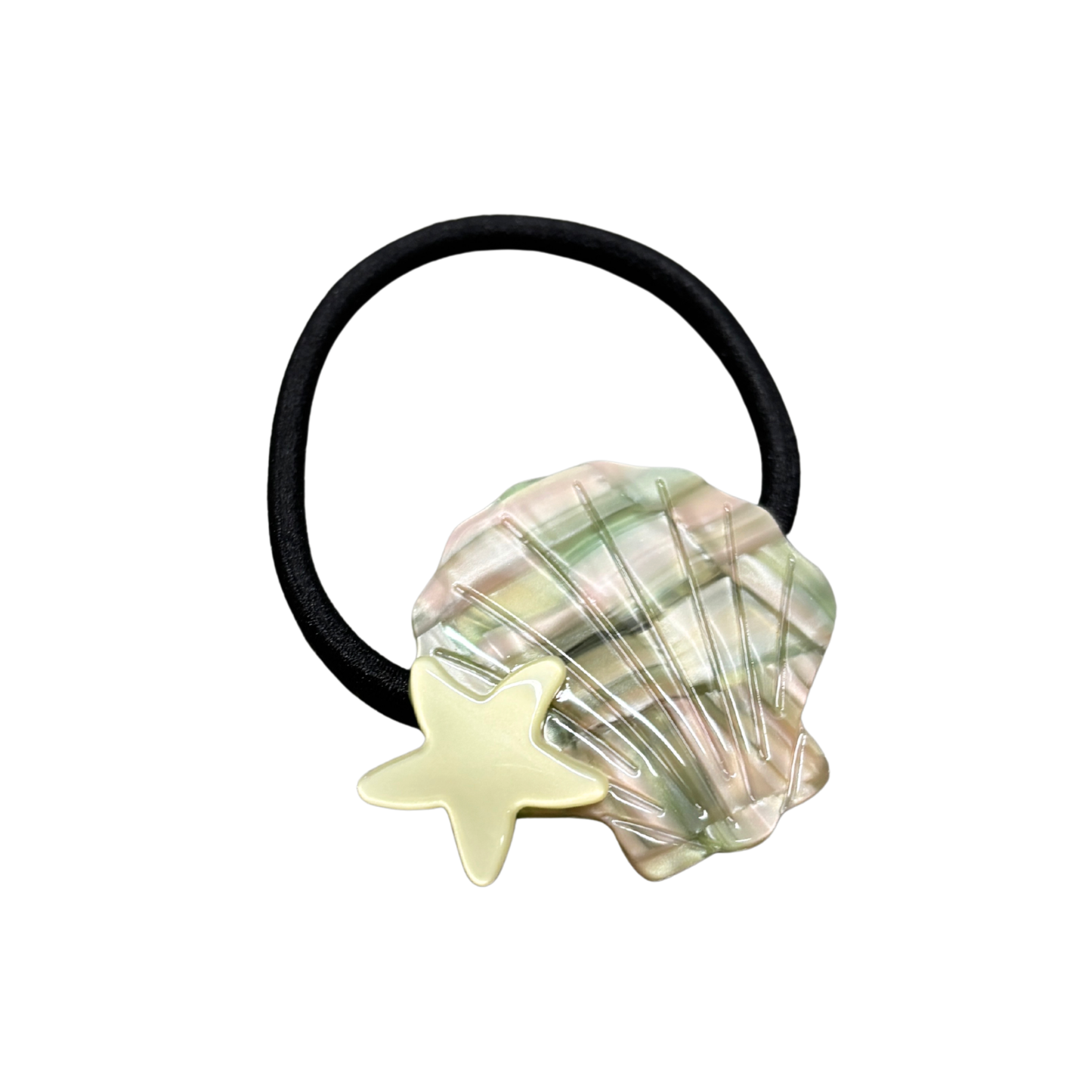 Shell & Star Mermaid Hair Tie | Opalescent Acetate Seashell on Black Elastic