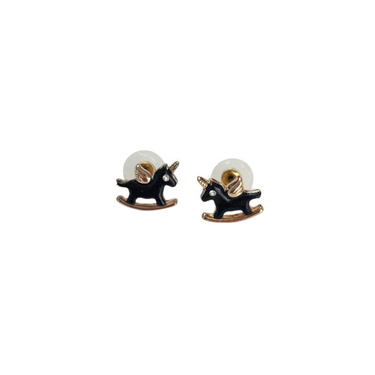 Rocking Unicorn Stud Earrings | Black & Gold | 0.6"