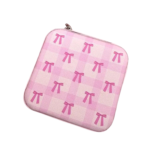 Pink Coquette Travel Jewelry Organizer | Square Zipper Case | Bow Fuchsia or Bow Light Pink