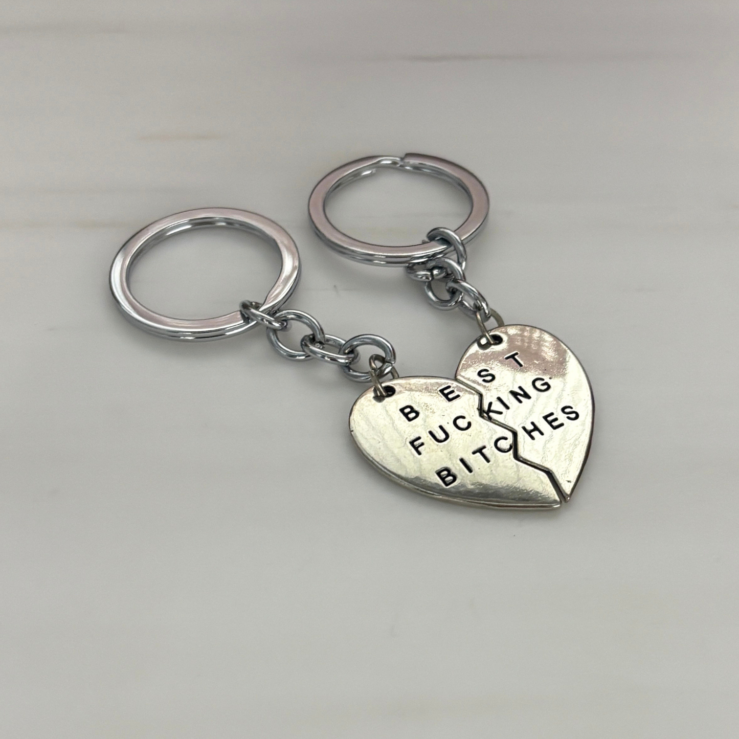Best Fucking Bitches Keyring Set | Silver Split Heart BFF Keychain Set of 2 | 3.25"