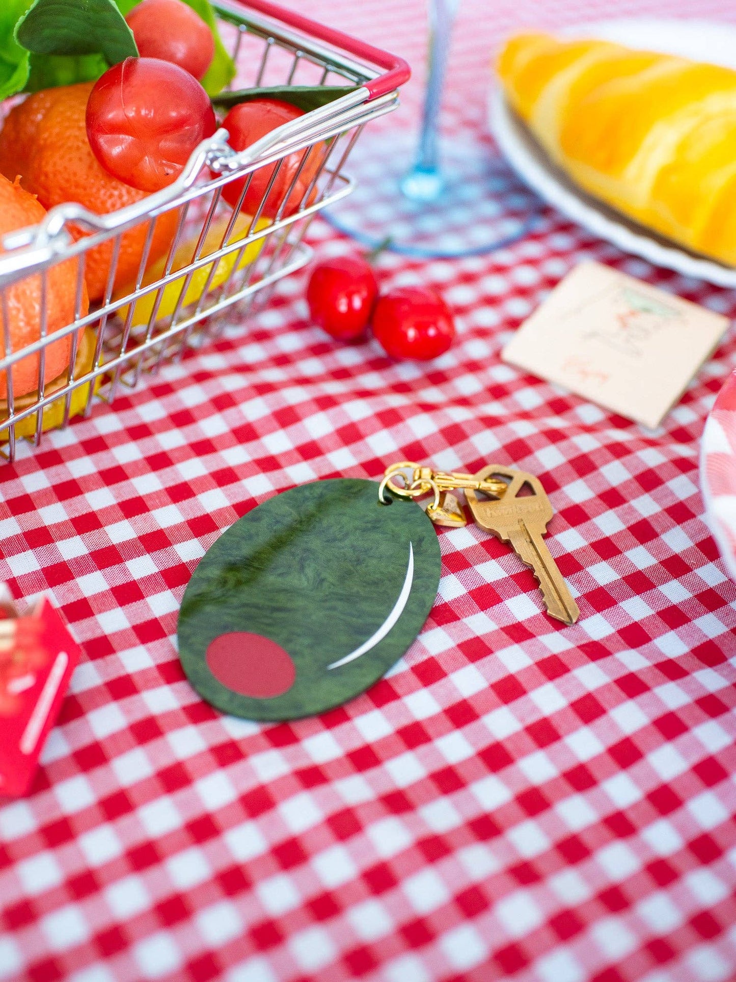 Olive Keychain Marbled Acetate Green Olive Keyring with Gold Clasp