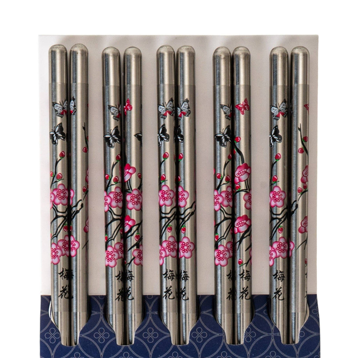 5 pairs of silver metal chopsticks with pink plum blossom and butterfly designs.
