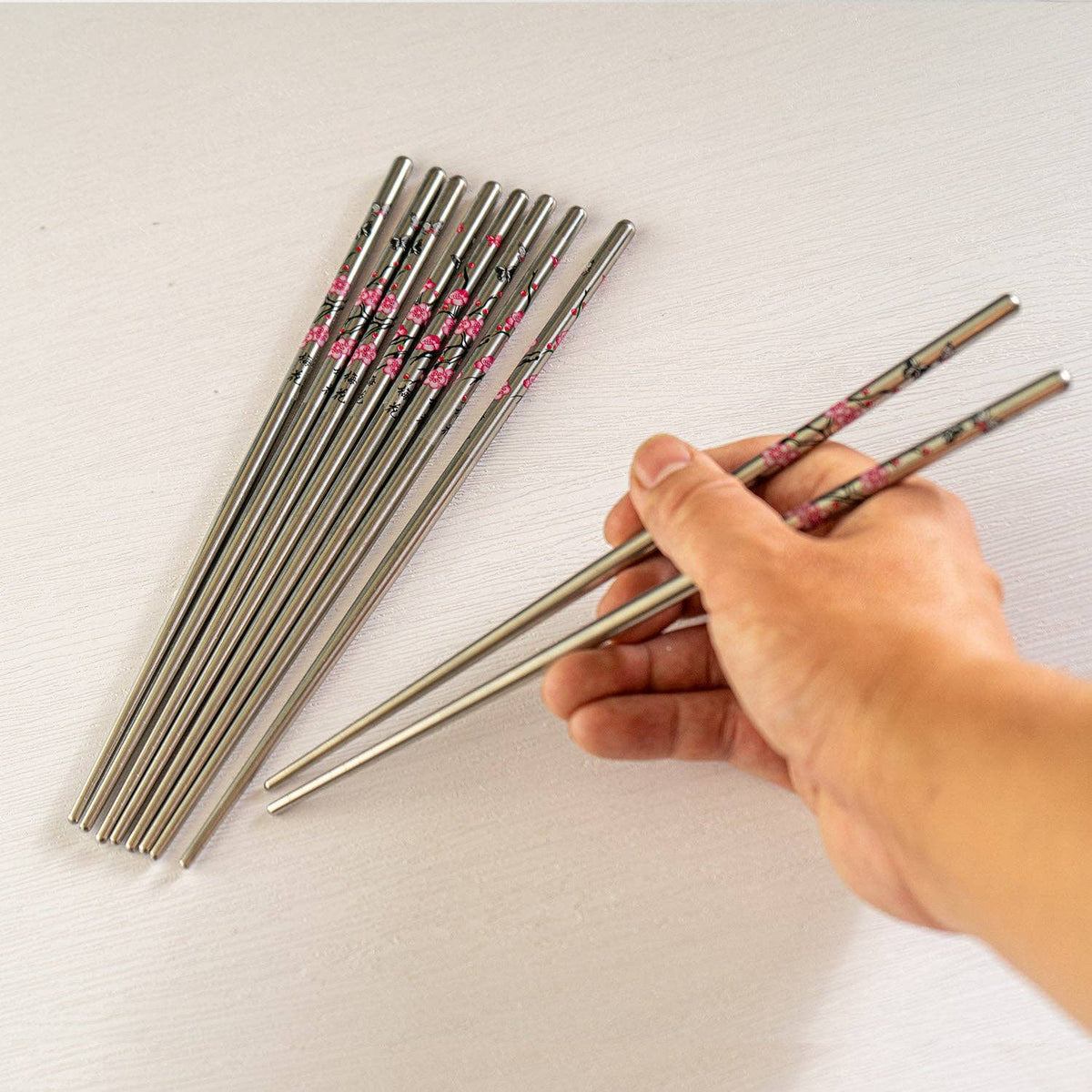 5-Piece Cherry Blossom Stainless Steel Chopsticks Set