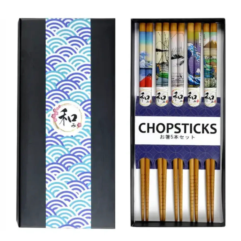Set of chopsticks in a decorative box with wave pattern