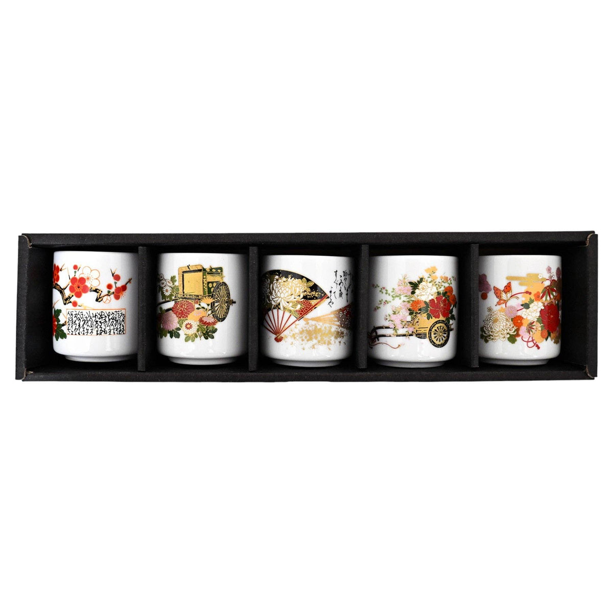A set of five white ceramic cups with traditional Japanese illustrations, presented in a black gift box 