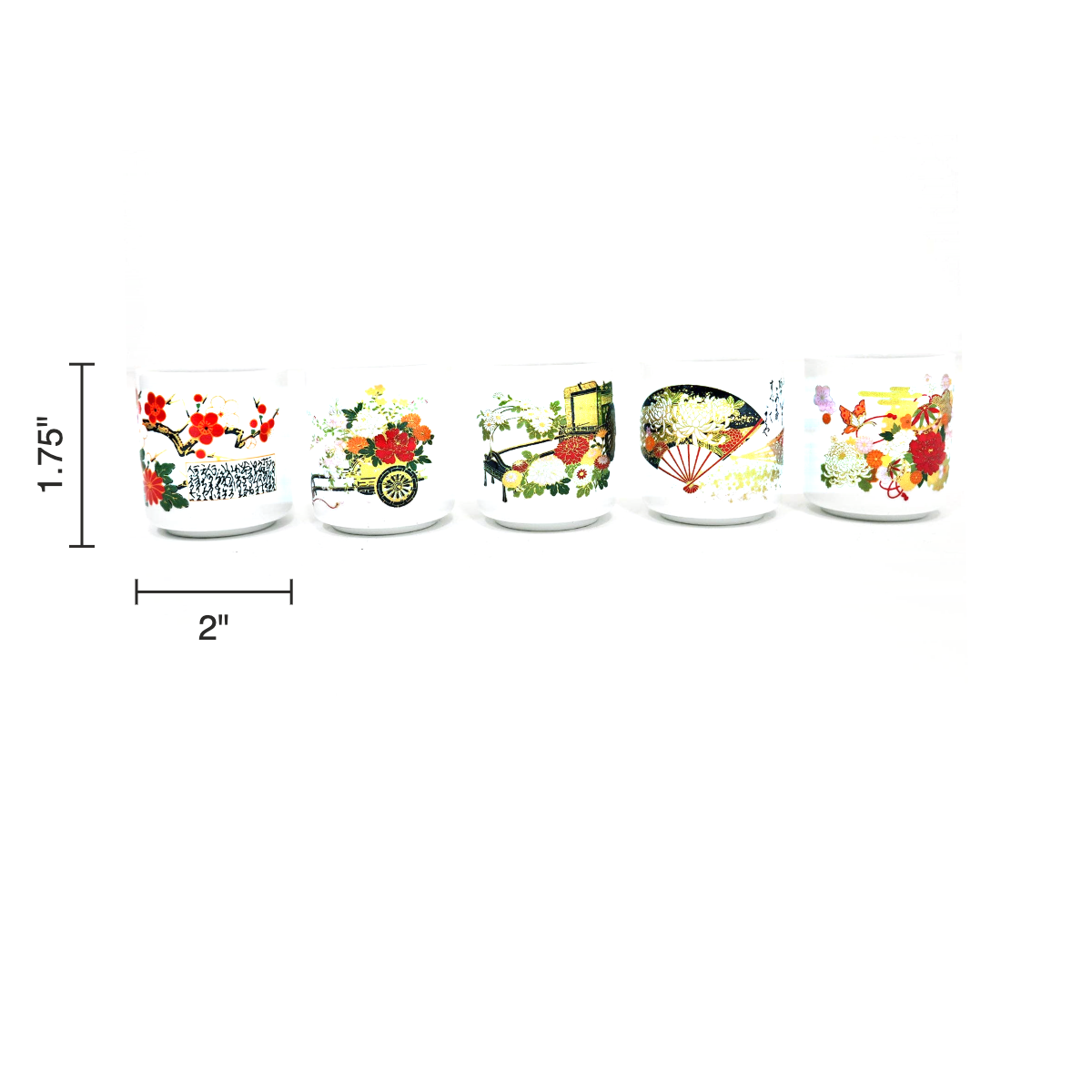 Size chart: sake cups 1.75 inches tall, 2 inches in diameter