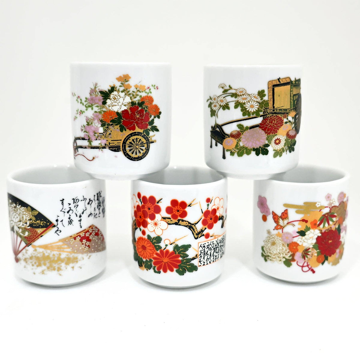 5-Piece Japanese Floral Porcelain Sake Cup Gift Set | 1.5 fl oz