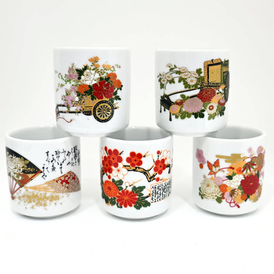 5-Piece Japanese Floral Porcelain Sake Cup Gift Set | 1.5 fl oz-Urban Tokyo-The Bullish Store