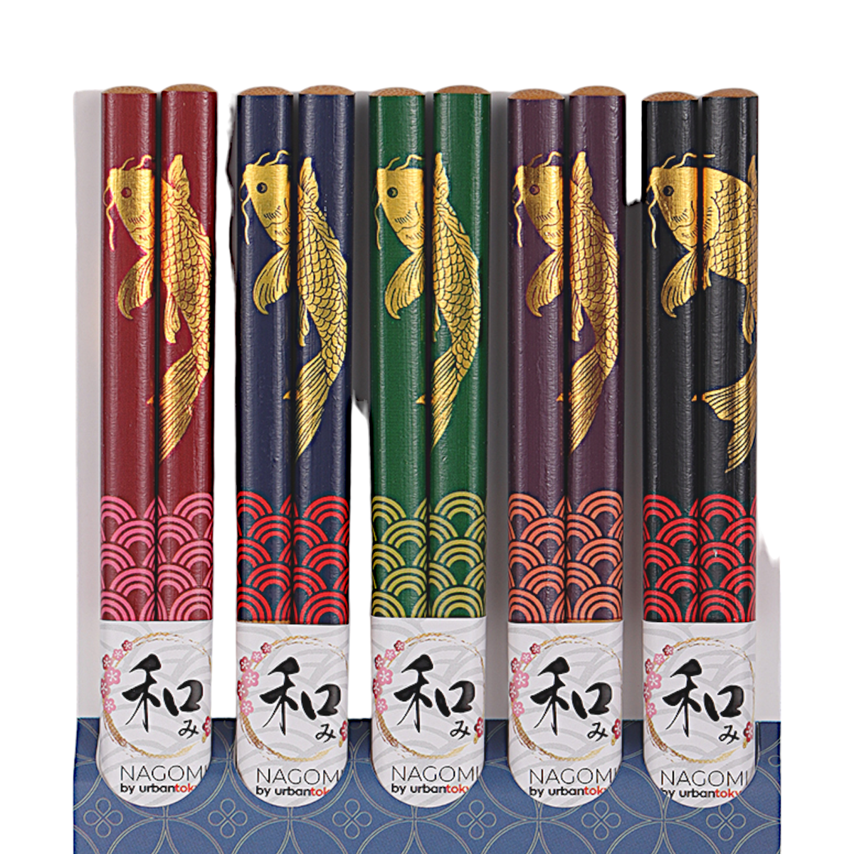 Six packaged chopsticks standing upright in a row, each with a different color body and a large gold koi fish graphic. The chopstick colors are red, navy, green, purple, and black, with matching wave patterns at the bottom.