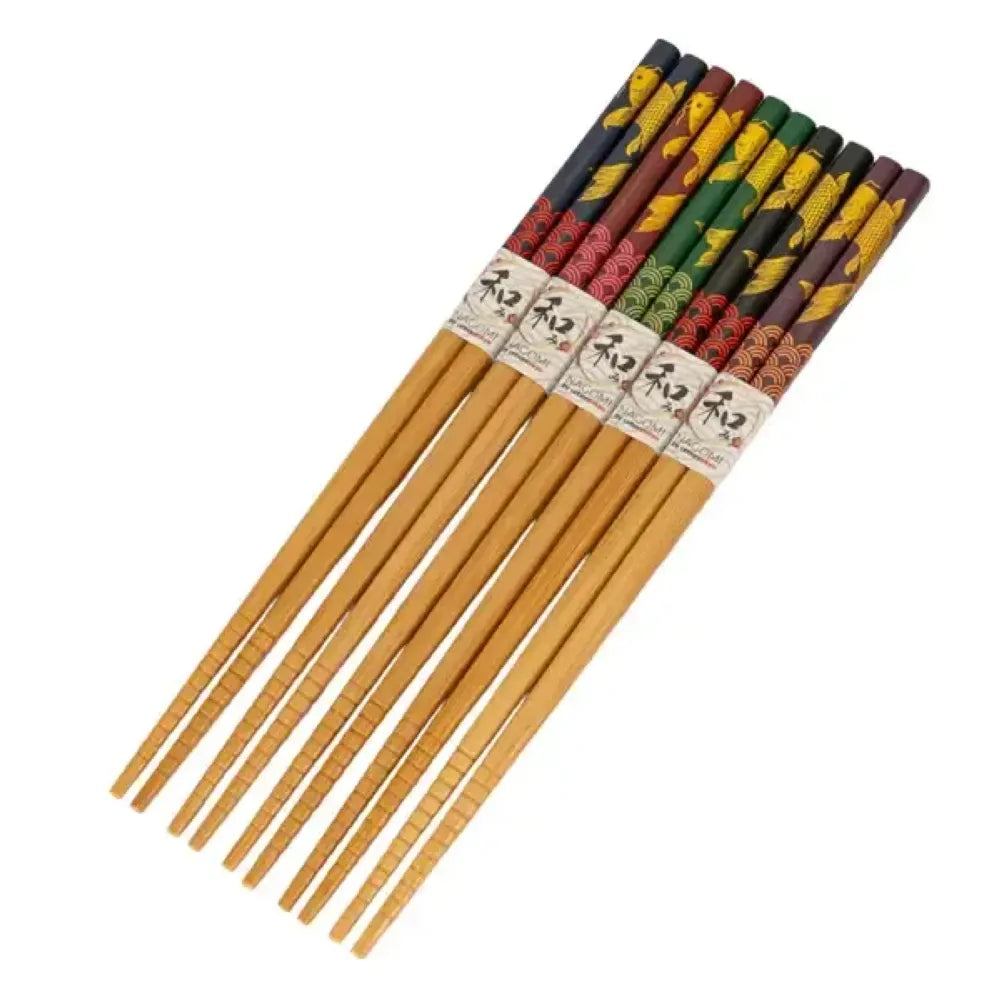 A set of ten wooden chopsticks arranged diagonally on a white background. Each chopstick has a colorful printed handle with different patterns and colors