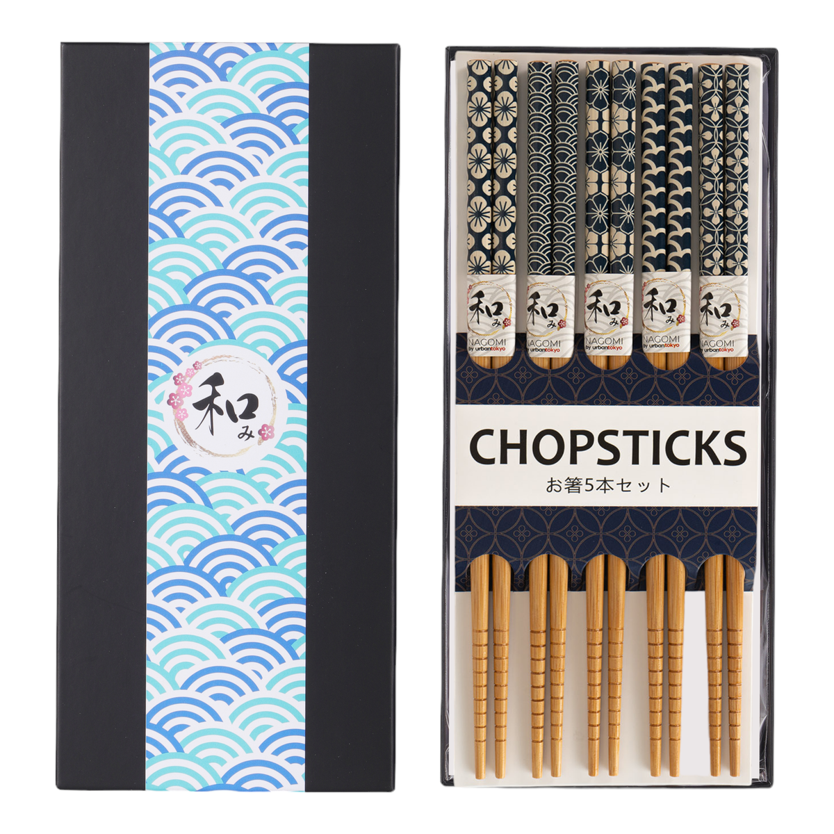 Set of chopsticks with decorative packaging featuring flowers and wave patterns