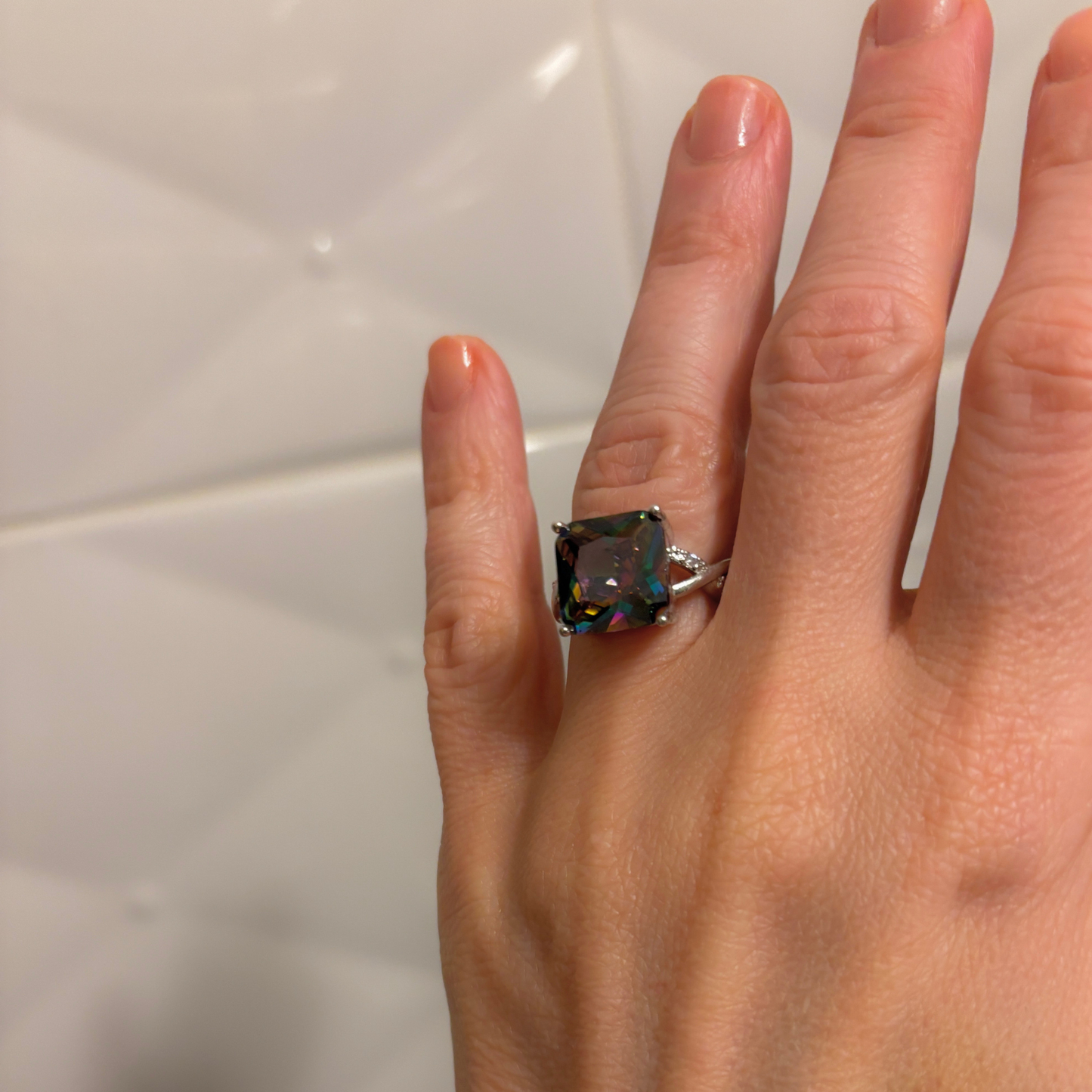 Rainbow Facets Silver Bling Ring | Bold Square-Cut Glass Stone | Blue Green Purple | Sizes 6–8