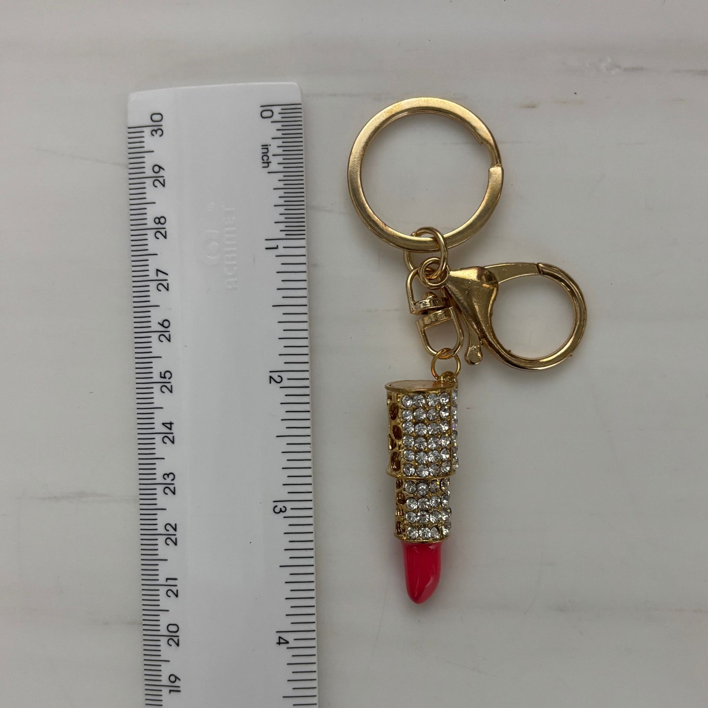 Bejeweled Lipstick Keychain & Bag Charm | Cute Pink & Gold Mini Charm