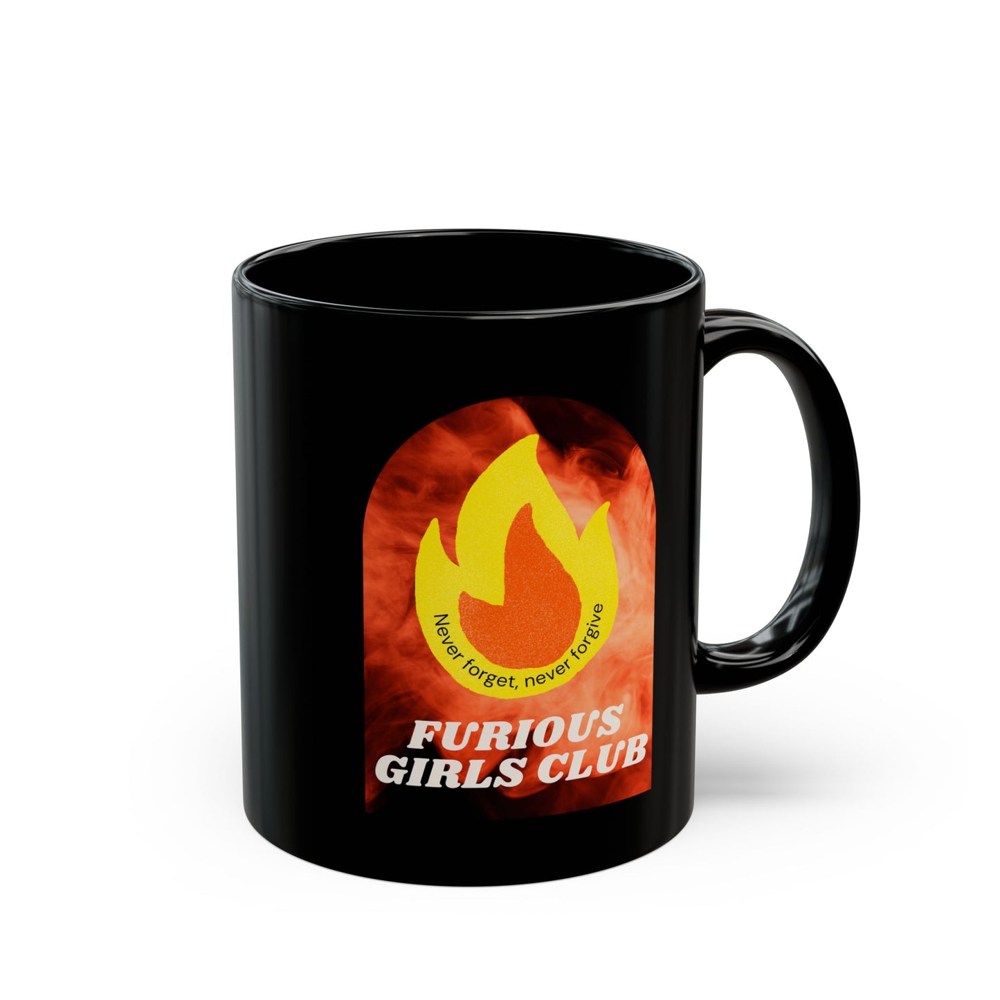 Furious Girls Club 11oz Black Mug | Feminist Resist Flames Coffee Mug