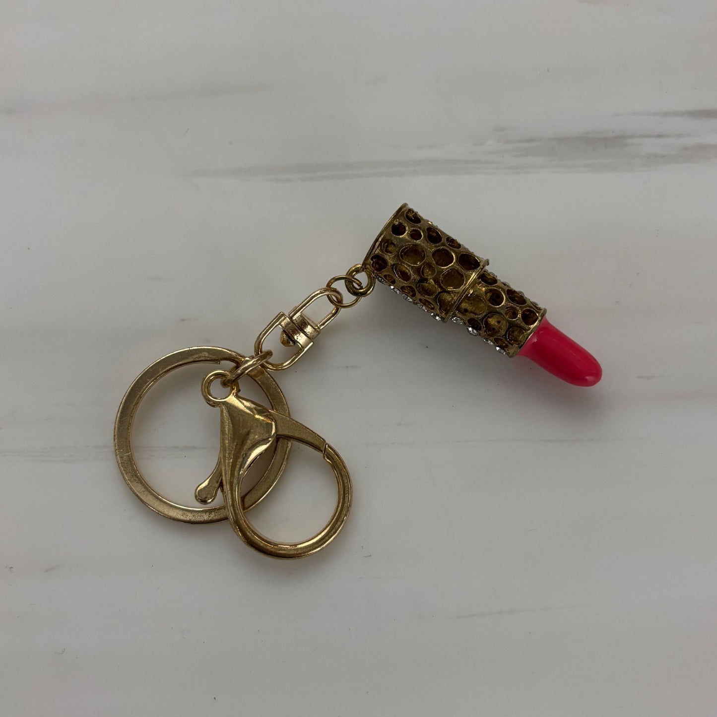 Bejeweled Lipstick Keychain & Bag Charm | Cute Pink & Gold Mini Charm