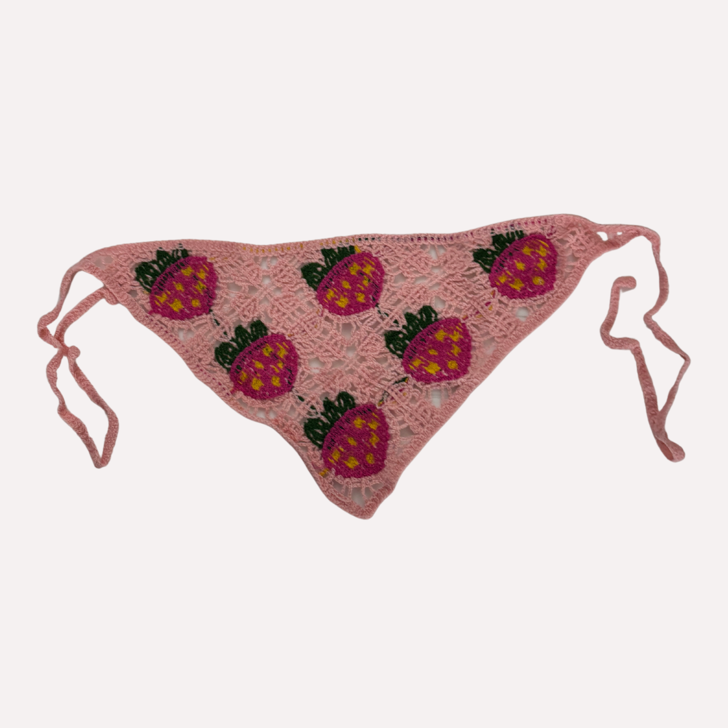 Crocheted Strawberry Hair Kerchief | Hot Pink Strawberries on Light Pink Bandana-Style