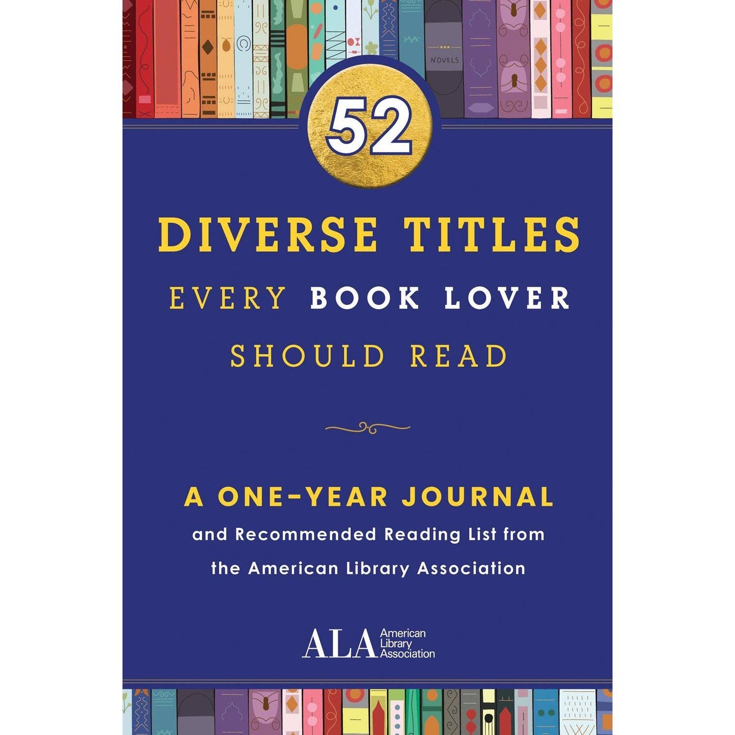 Book cover of '52 Diverse Titles Every Book Lover Should Read' with colorful book spines at the top.