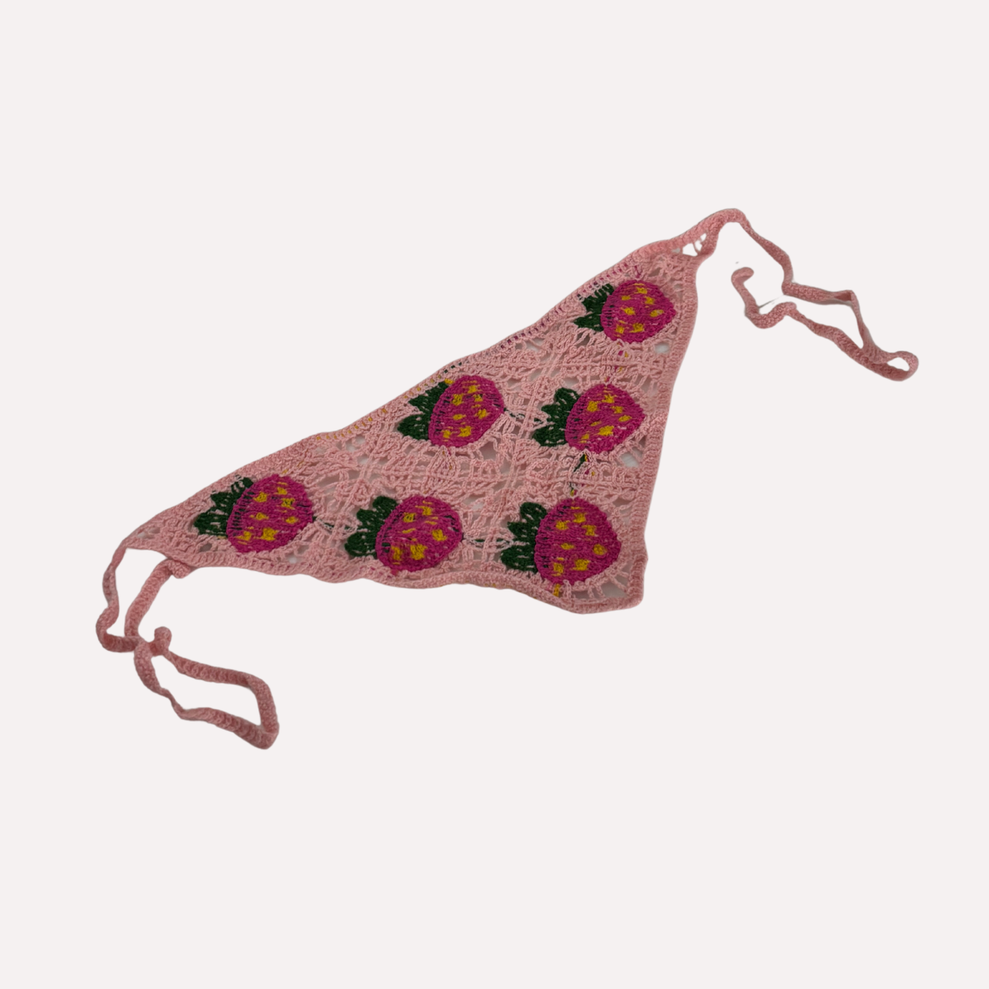 Crocheted Strawberry Hair Kerchief | Hot Pink Strawberries on Light Pink Bandana-Style