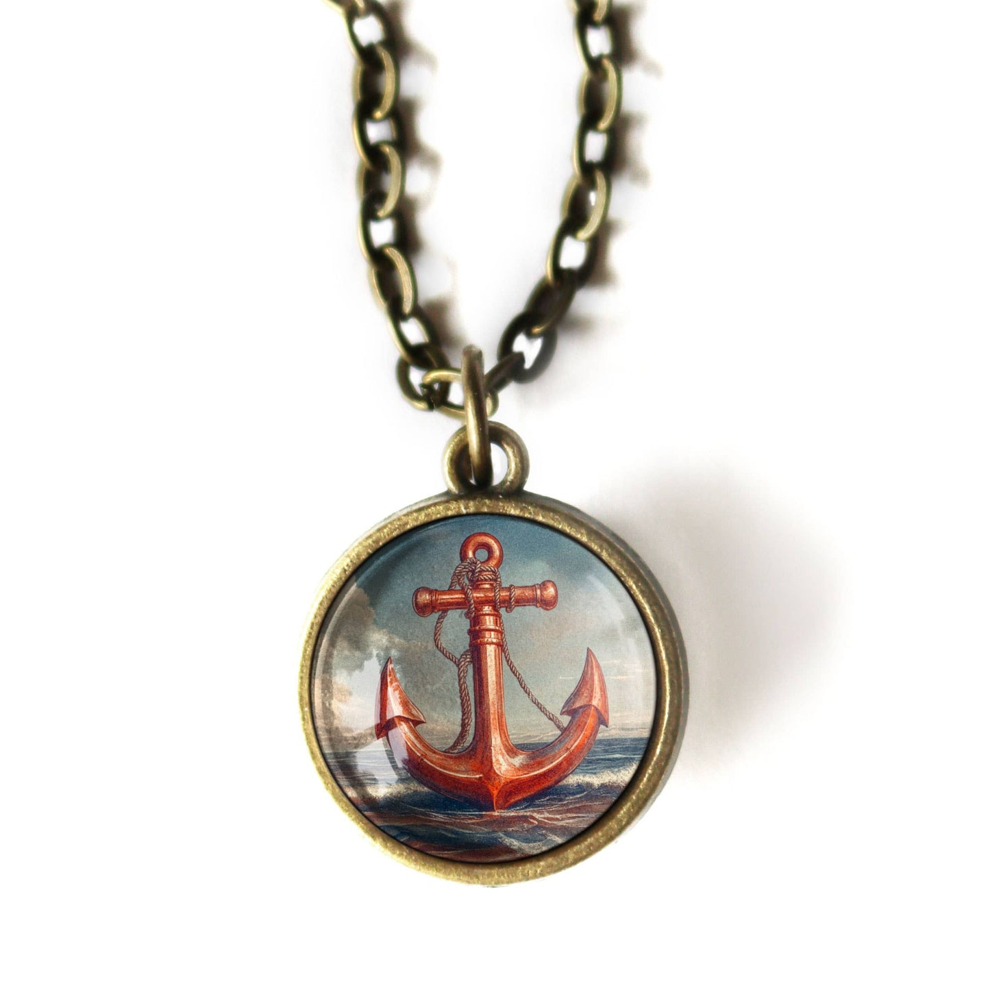 Deep Sea Anchor Simple Reversible Glass Pendant Necklace