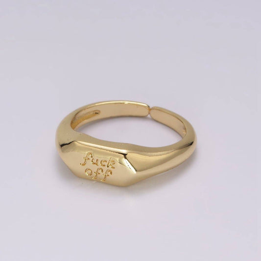 Dainty Gold “F*** Off” Signet Ring | Adjustable Open Statement Ring