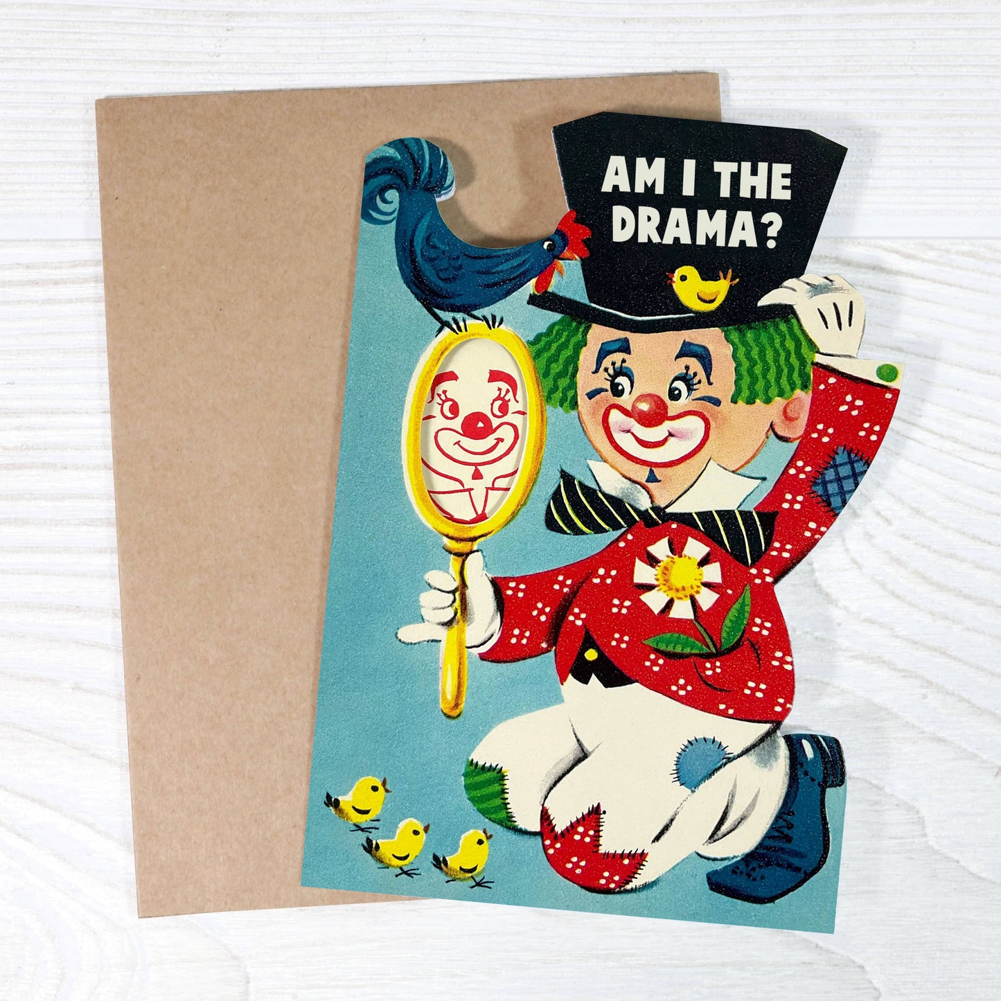 Am I the Drama Funny Apology Card | Vintage Clown Sarcastic Sorry Die Cut Card