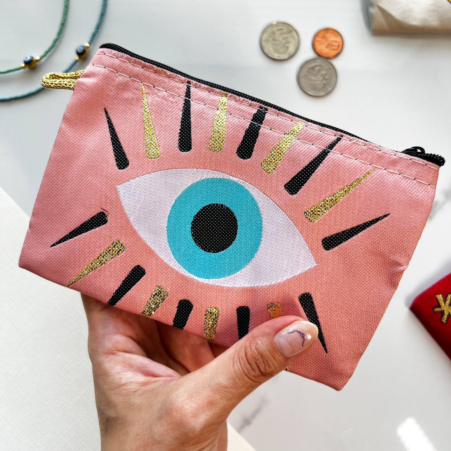 Evil Eye Coin Purse Pink Zipper Pouch | Handmade in Turkey | 4" x 5"