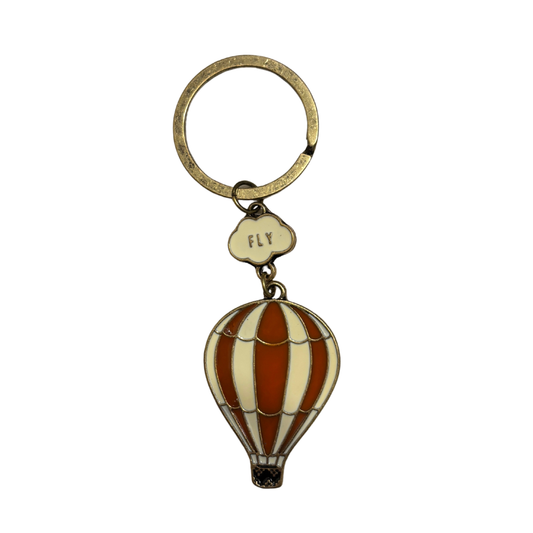 Retro Hot Air Balloon Keychain | Red & Ivory Enamel, Aged Brass | "FLY" Charm | 4"