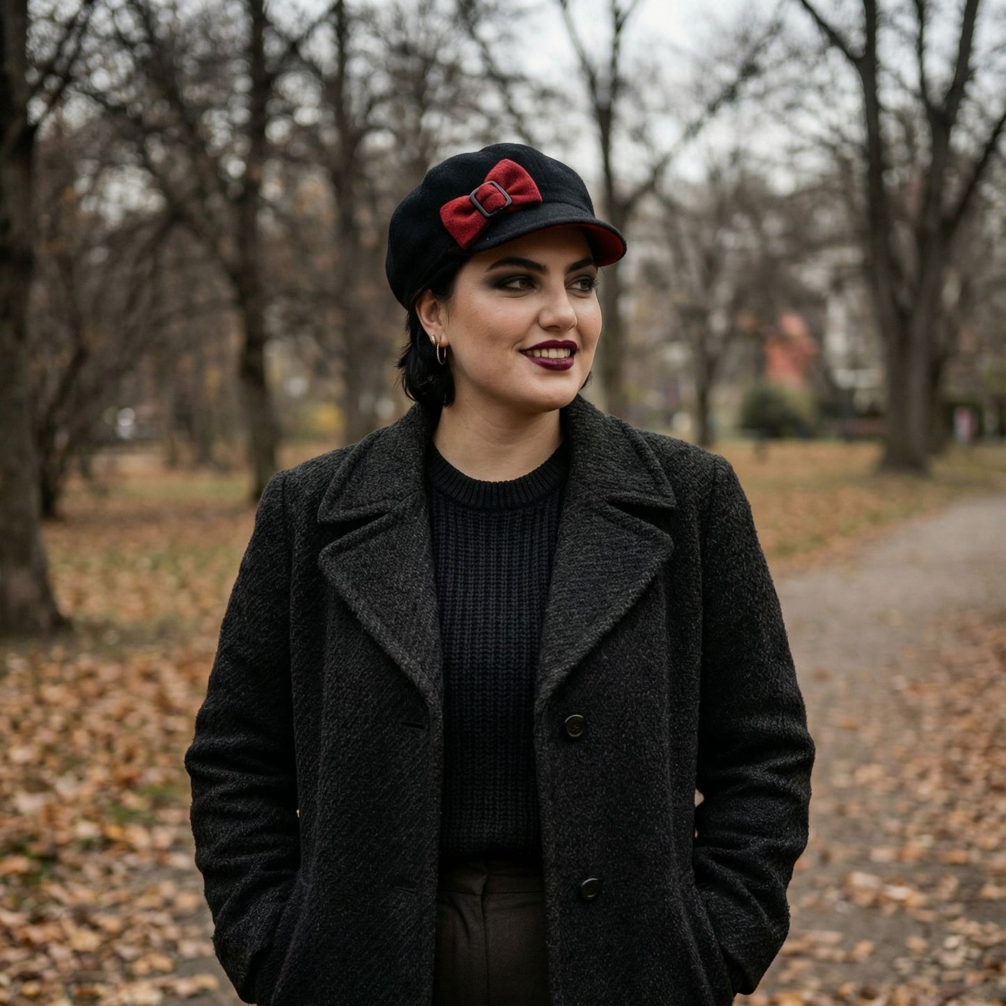 Women’s Fleece Bow Winter Cap | 6 Panel Hat with Short Brim (Black/Red or Light Grey/Grey)