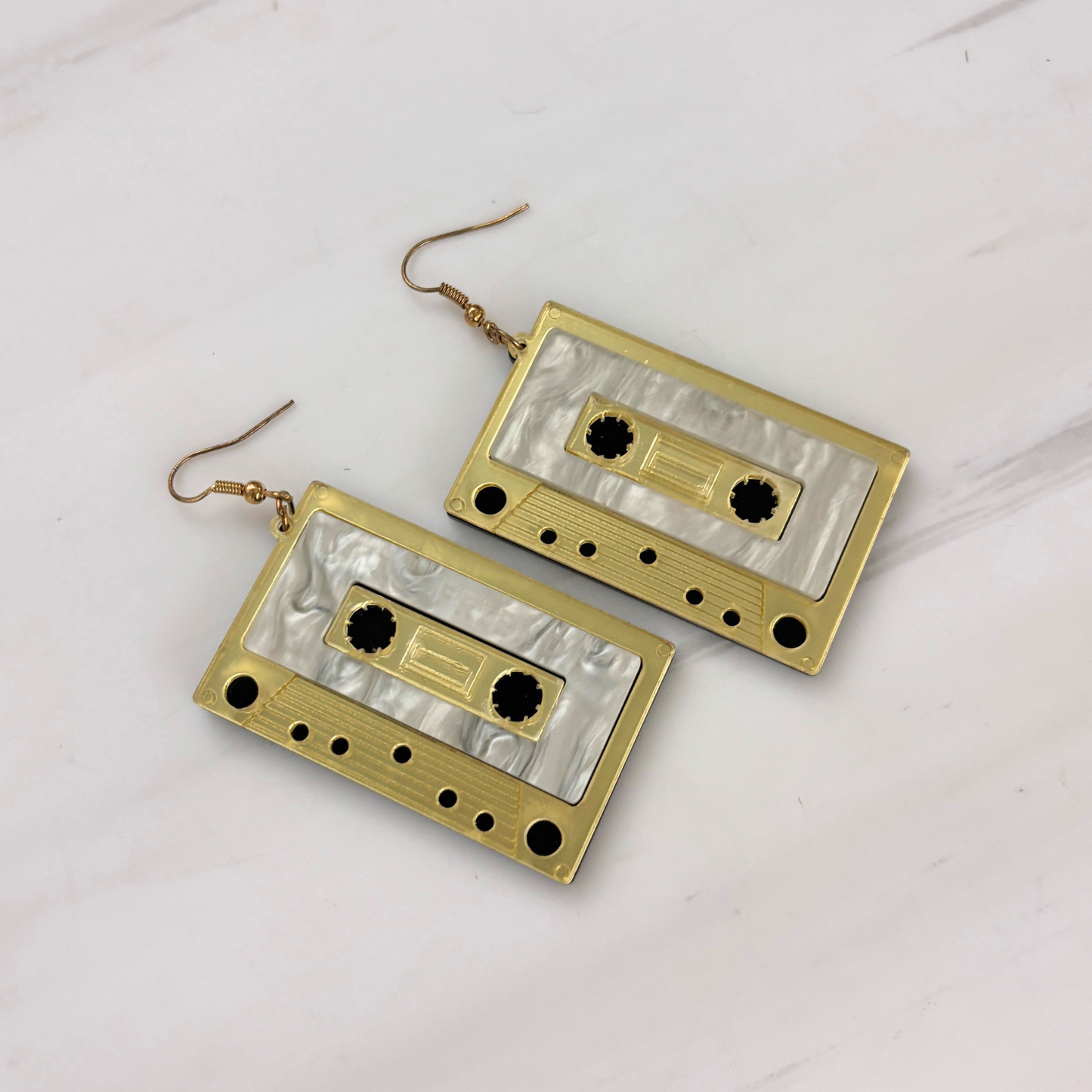 Jumbo Cassette Dangle Earrings in Gold | Matte Gold & Pearl Acetate | 3" Ear Wire