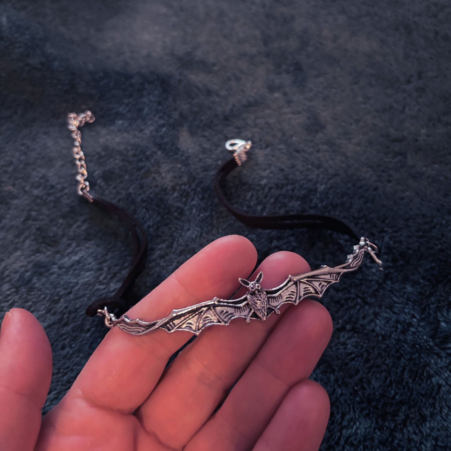 Gothic Bat Choker | Silver Bat Pendant on Black Cord | Silver Hardware