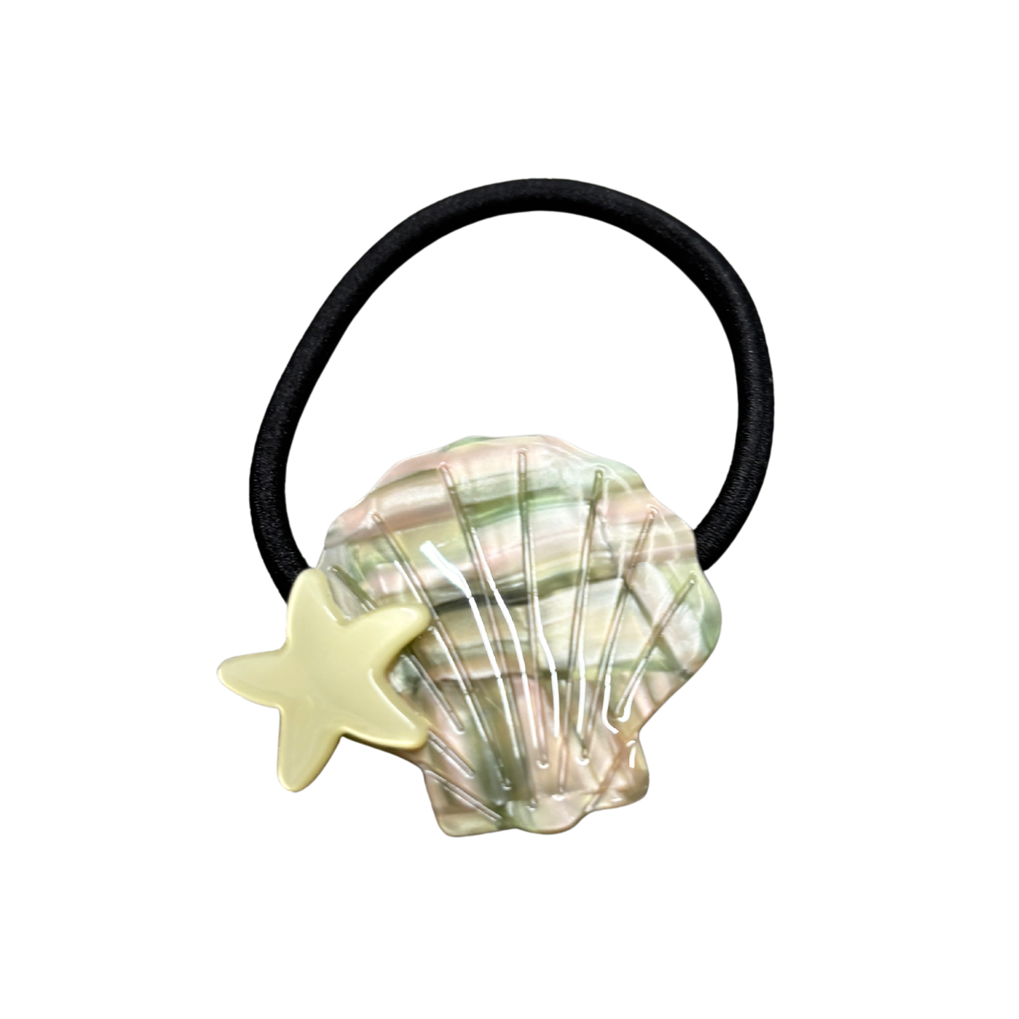 Shell & Star Mermaid Hair Tie | Opalescent Acetate Seashell on Black Elastic