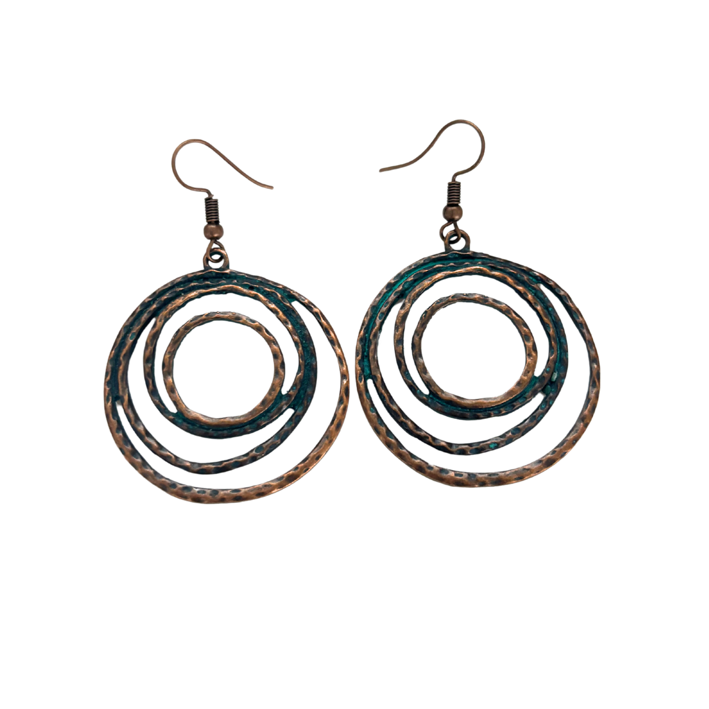 Boho Patina Dangle Circle Earrings | Hand-Painted Coppery Patina | 2.4" Ear Wire
