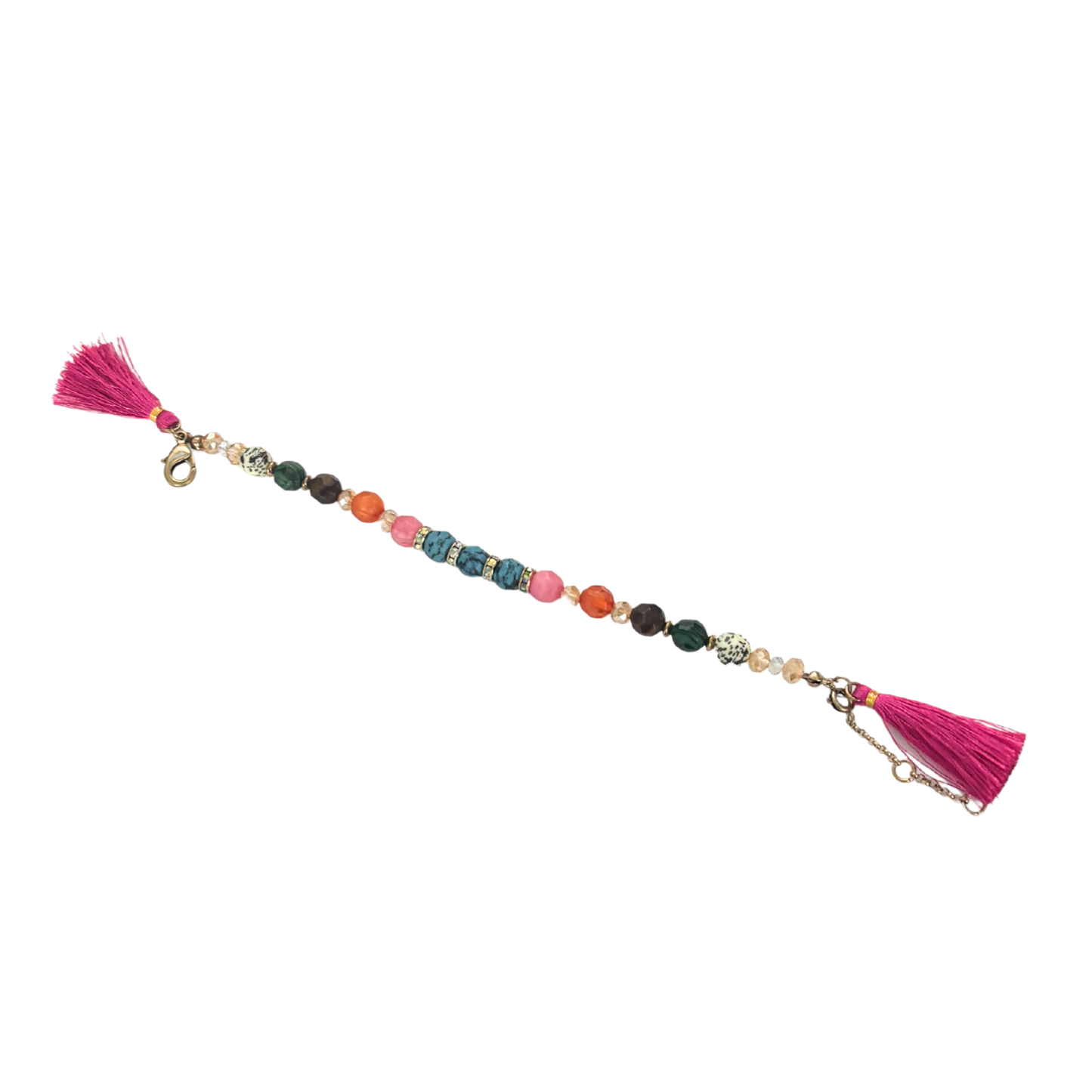 Hot Pink Tassel Beaded Bracelet | Rainbow Summer Beads with Speckle Beads | 6.5" + Extender
