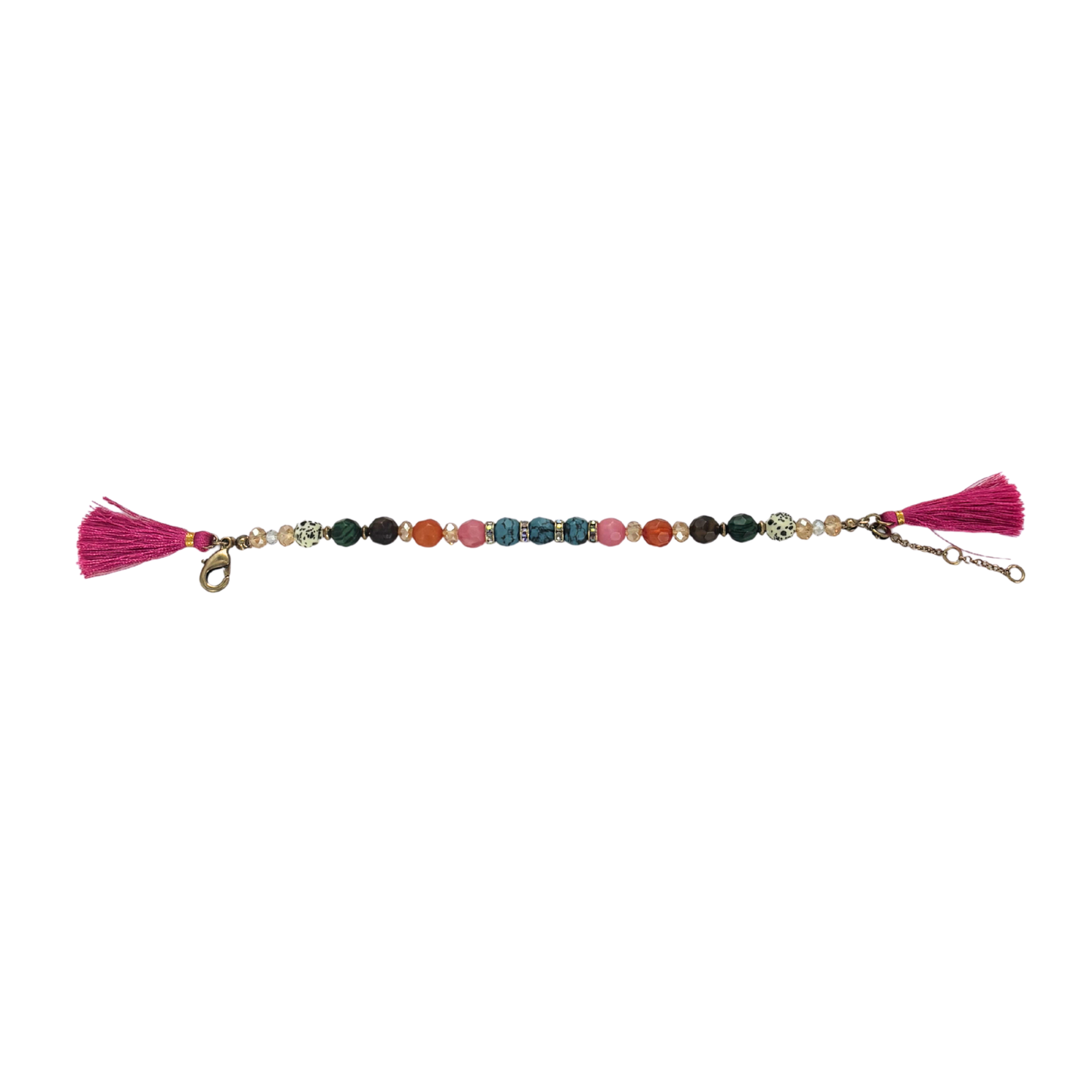 Hot Pink Tassel Beaded Bracelet | Rainbow Summer Beads with Speckle Beads | 6.5" + Extender