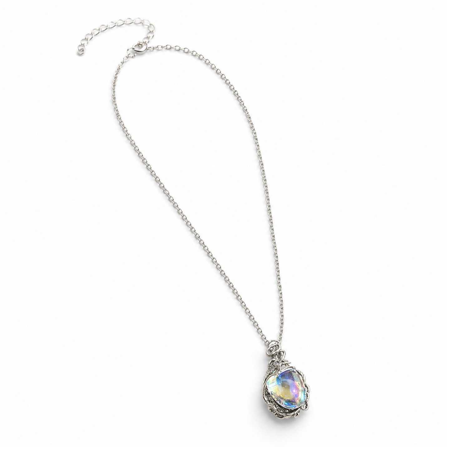 Romantasy Princess Opalescent Drop Necklace in Silver | Fantasy Gem Pendant | 18" + 2" Extender